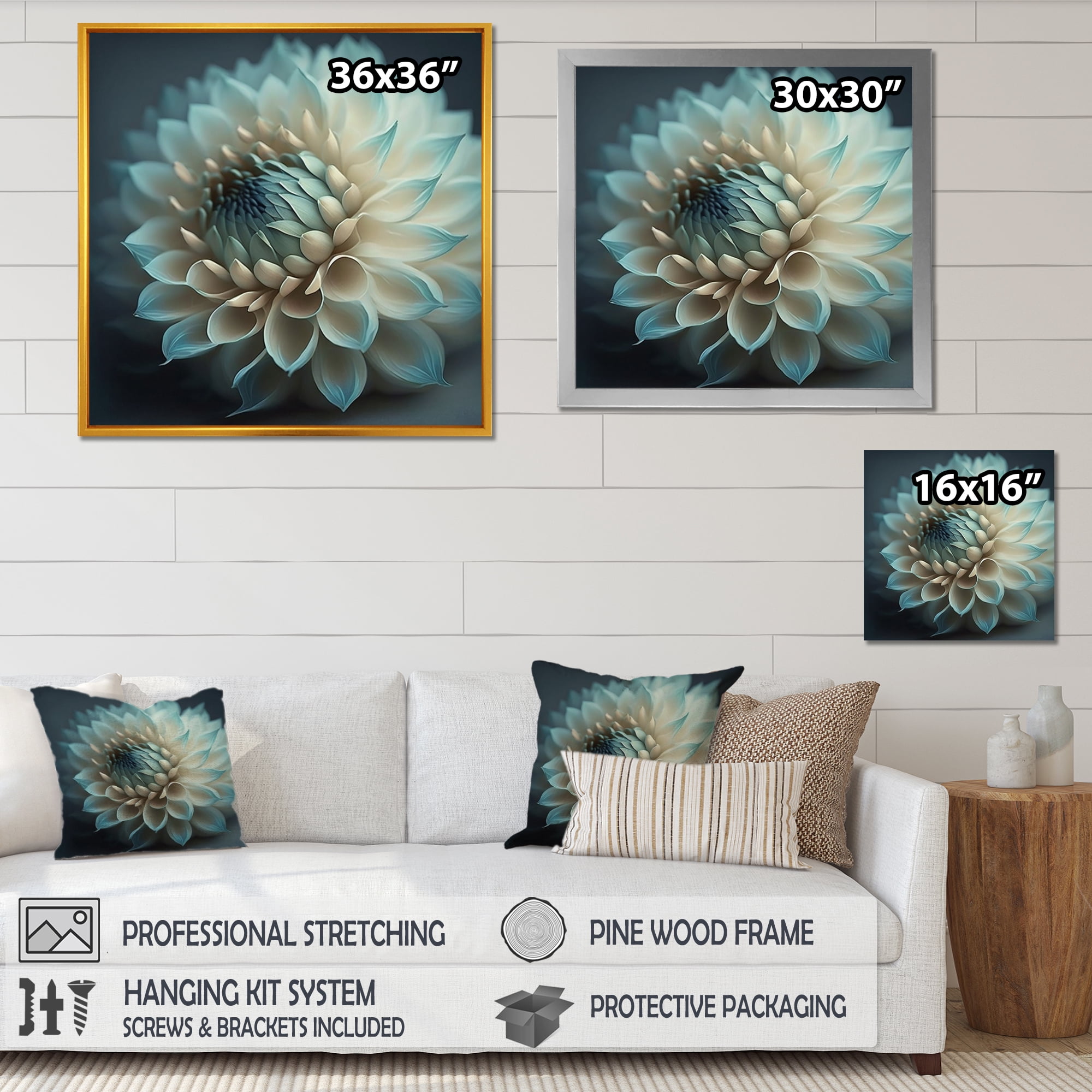 Designart Blue And White Dahlia Flowers V Canvas Wall Art