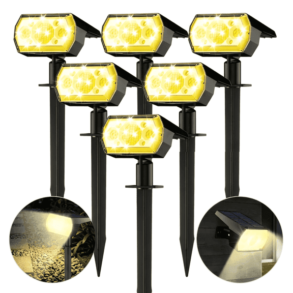 VOLIVO 6 Pack Solar Outdoor Lights, Waterproof Solar Spot Lights with 3 Modes, 64 LEDs, Dusk to Dawn Sensor, Decorative for Yard Patio Garden Walkway, Warm White