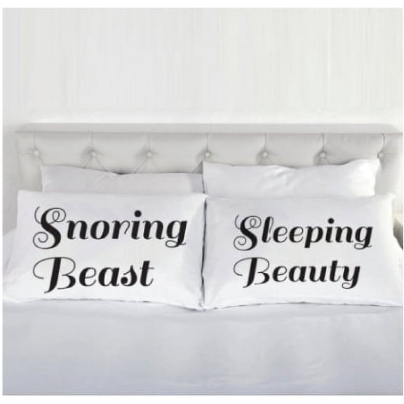 Couples Set of Dye Transfer Pillow Cases "Sleeping Beauty and Snoring Beast", Breathable Fabric 20.5" x 30"