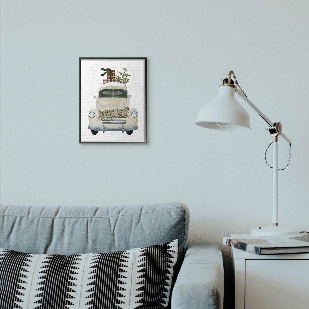 Stupell Industries Merry Christmas Snow Covered Truck Holiday DesignFramed Wall Art By Artist Lettered and Lined