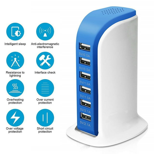 30W 6-Port USB Desktop Charging Station HubWall Charger for iPhone iPad Tablets Smartphones with Smart Flow (Blue)