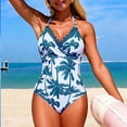 thumbnail image 2 of Felirenzacia Women's Halter One Piece Swimsuit, Palm Tree Print Cross Front V Neck Athletic Slimming Bathing Suit,Green,M, 2 of 5