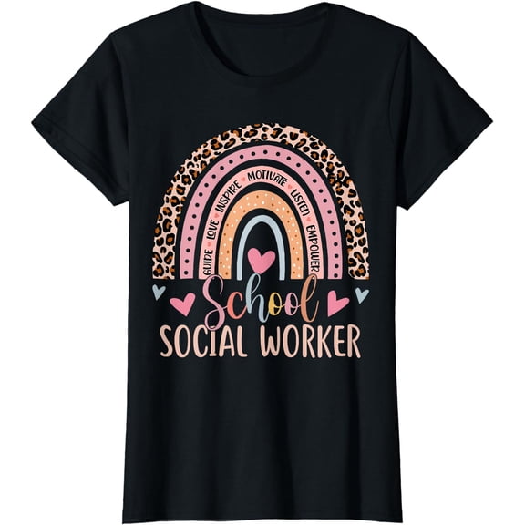 School Social Worker Rainbow Leopard Print Funny Social Work T-Shirt