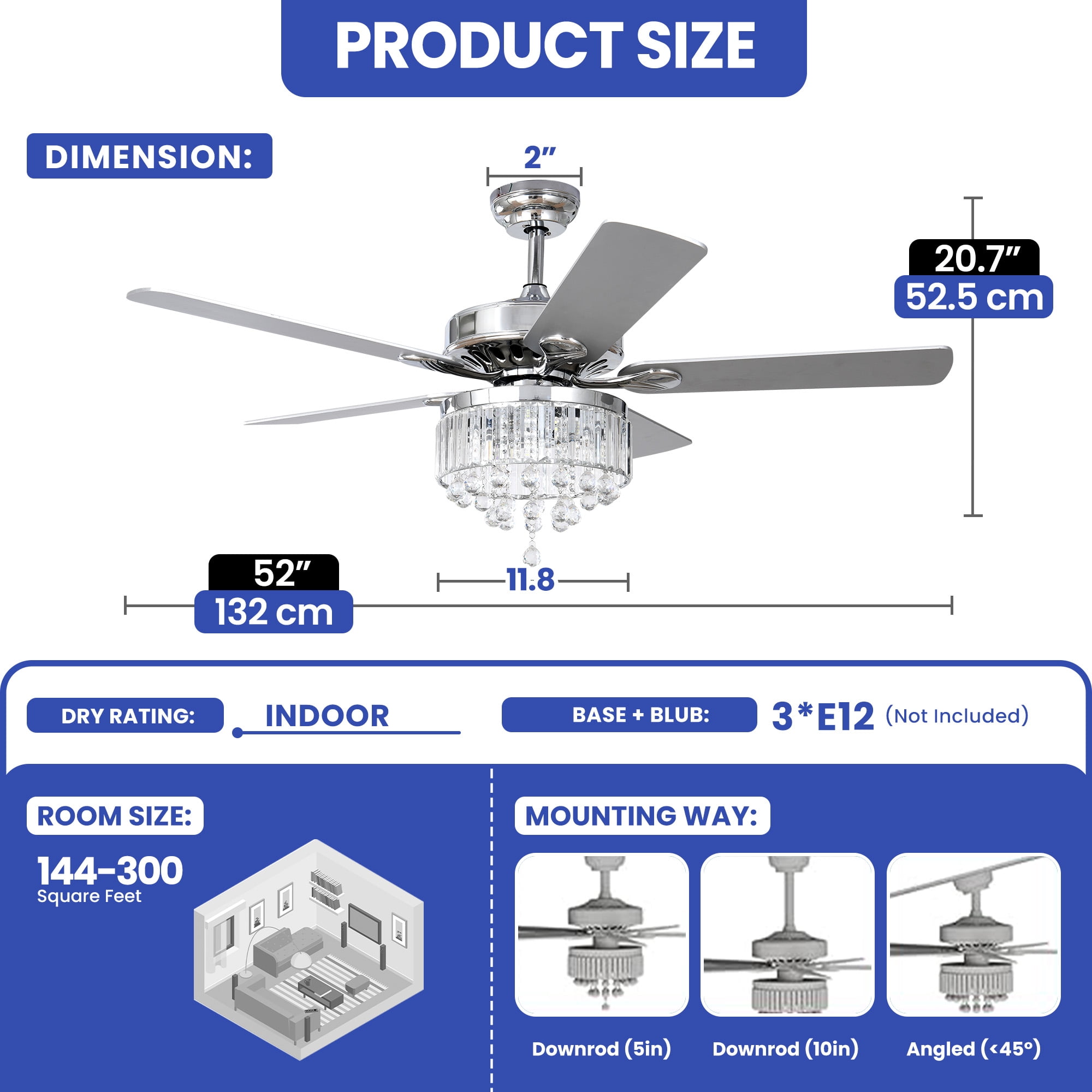 ModFusion 52in Elegant Ceiling Fan with Crystal Chandelier, Quiet Motor, 6-Speed, Chrome Finish, Wall Control