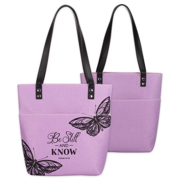 Christian Art Gifts Felt and Faux Leather Fashion Bible Cover Butterfly Tote Bag - Be Still and Know - Psalm 46:10 Inspirational Bible Verse, Purple and Black, One Size