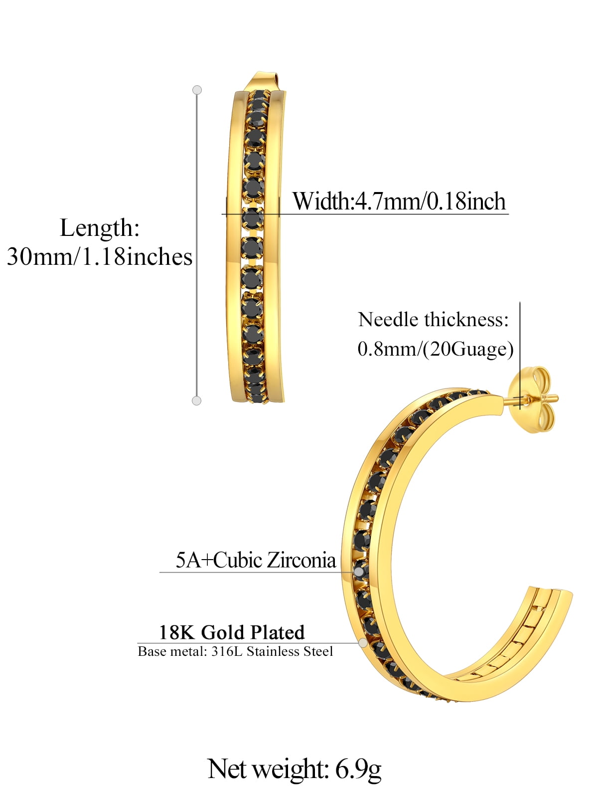 FindChic 14K Gold Plated Hoop Earrings for Women Stainless Steel Hoops with Black Cubic Zirconia Inlaid Birthday Mothers Day Jewelry Gifts Her Mom Wife, 30mm
