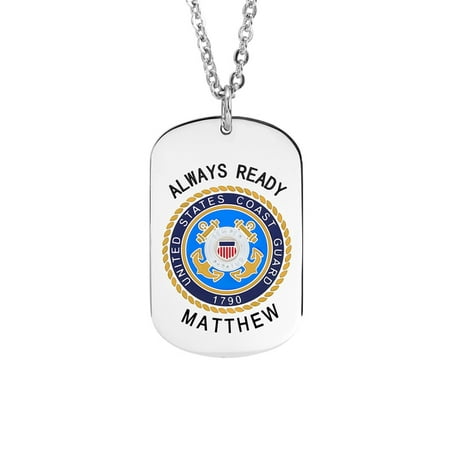 Stainless Steel Personalized Military Coast Guard Insignia Dog Tag with an 18 inch Link