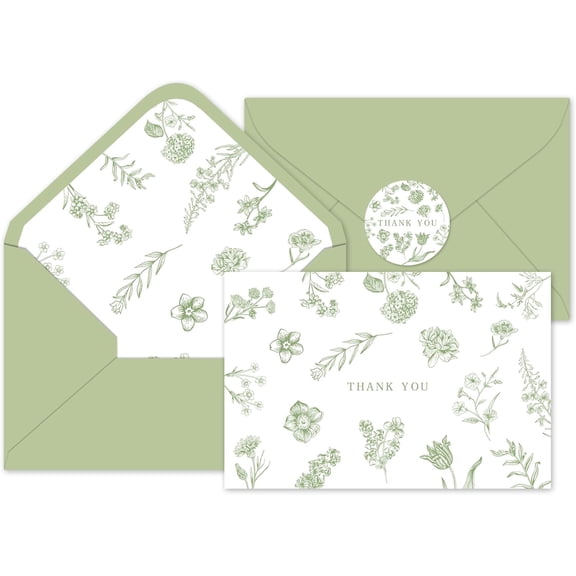 36Pcs Sage Green Floral Thank You Cards with Envelopes and Stickers Green Greeting Cards Blank Note Card for Weddings Bridal Shower Baby Shower