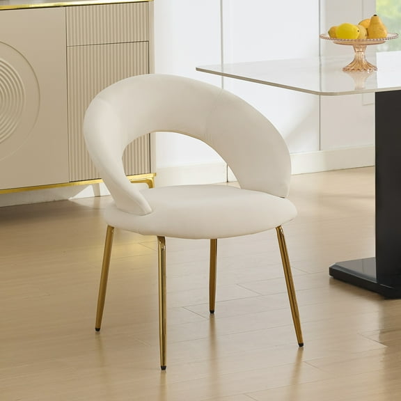 061-Set of 1 Teddy Fabric Dining Chairs With Curved Backrest and Golden Metal Legs for Kitchen or Dining Room ,White
