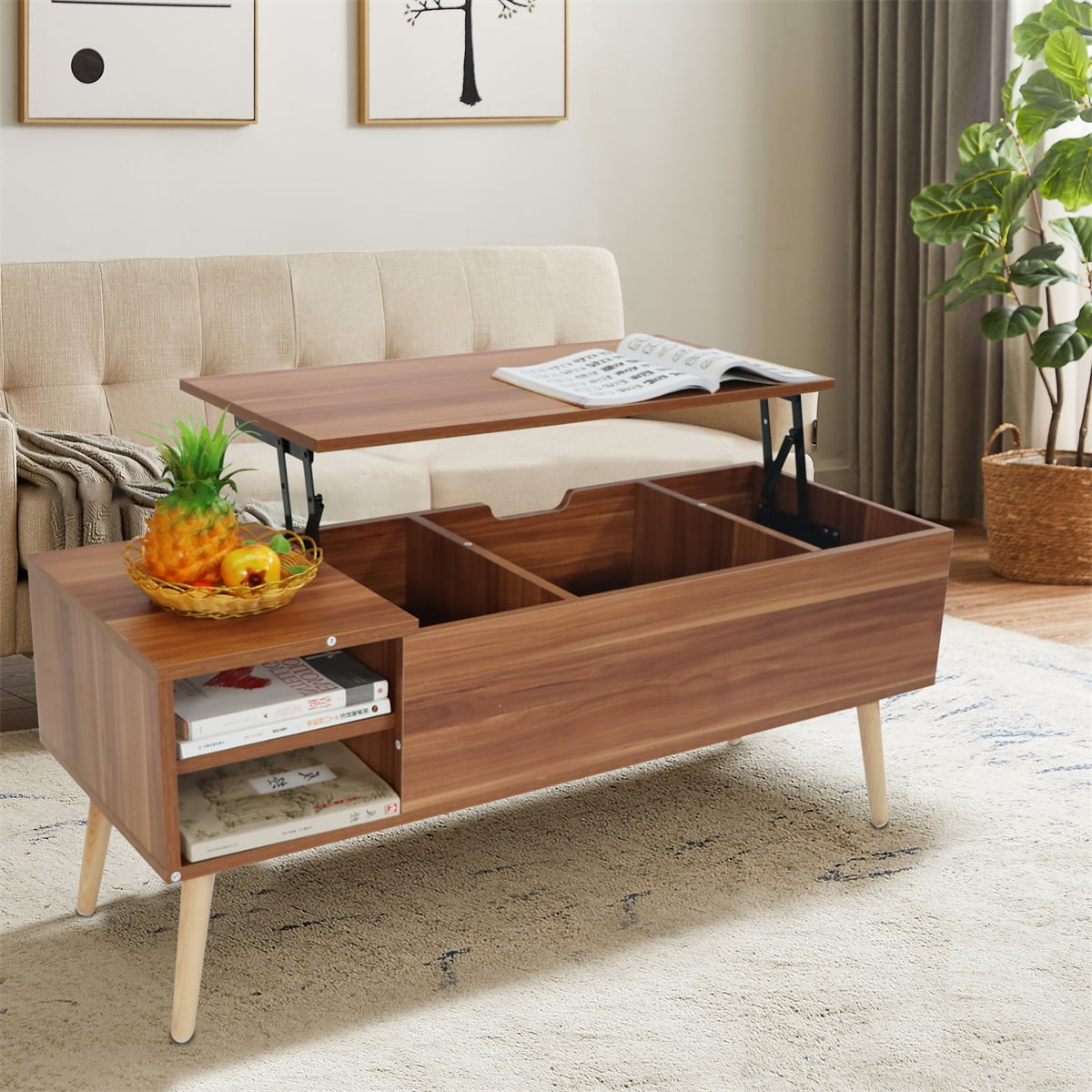 Lifting Coffee Table, Computer Table Storage with Solid Wood
