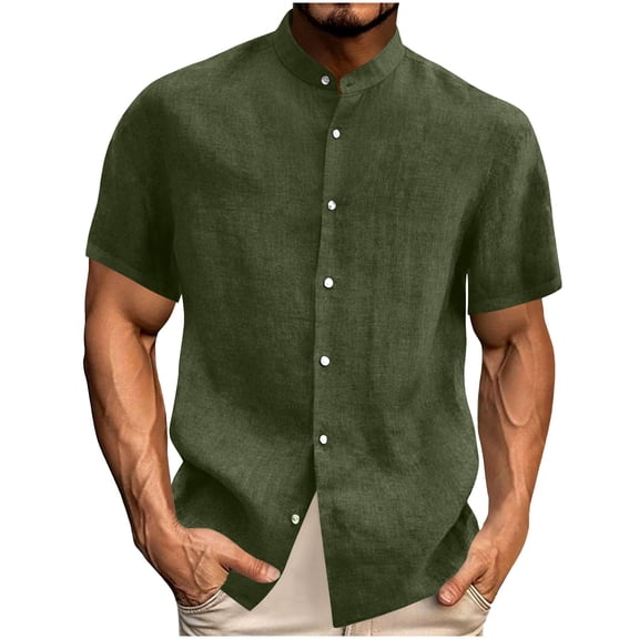 DPTALR Men's Casual Solid Color Short Sleeve Stand Collar T-shirt,Army Green, XXL