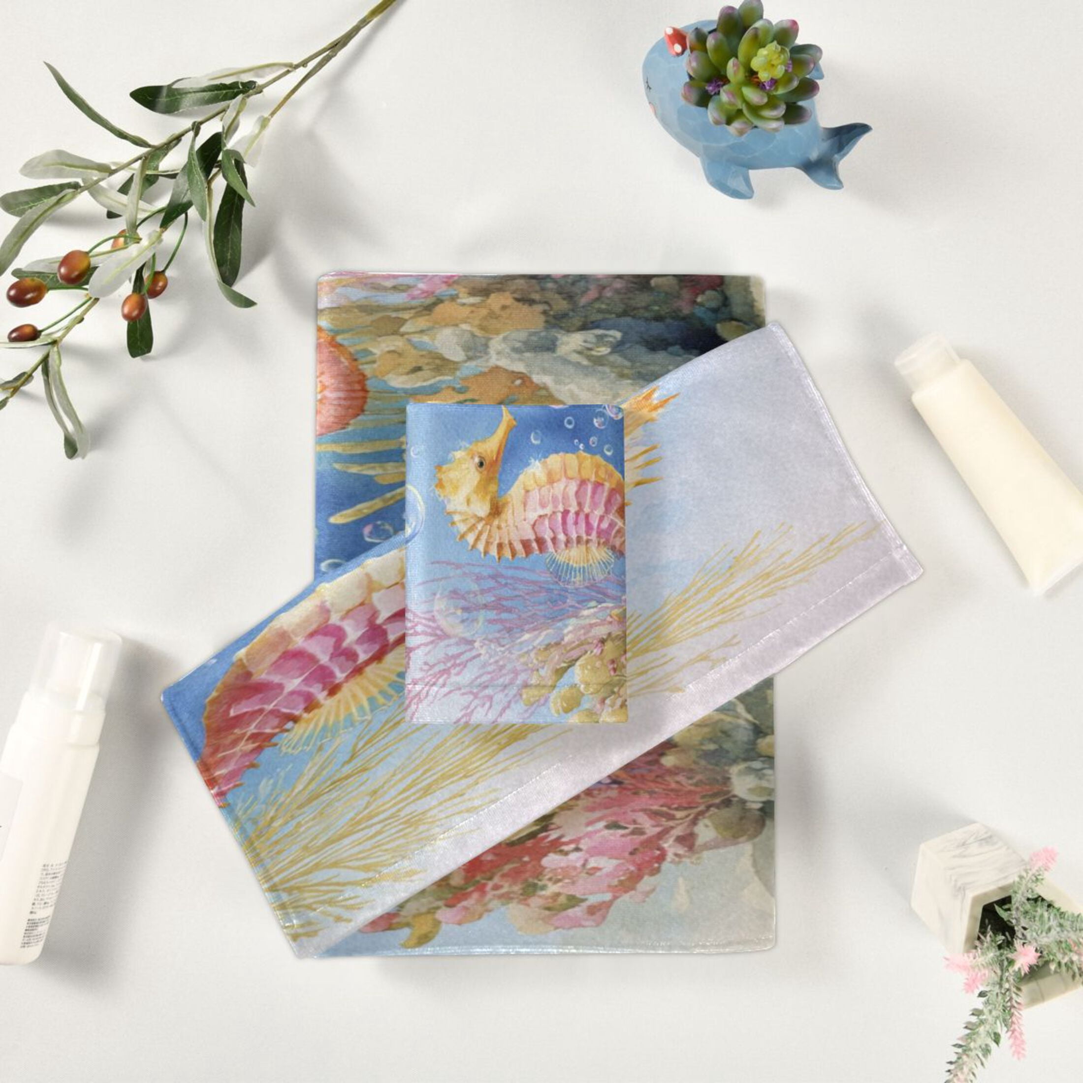 3 Piece Bath Towels Set Bath Towel, Hand Towel and Face Towel for Bathroom, Gym, Hotel Cute Seahorse Pattern