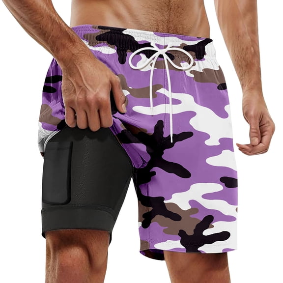Telankuip Camouflage Colour Swim Shorts for Men Summer Stylish Elastic Waisted Drawstring Swim Trunks with Compression Liner Comfortable Quick Drying Lined Pocket Beach Shorts 7-Purple XL