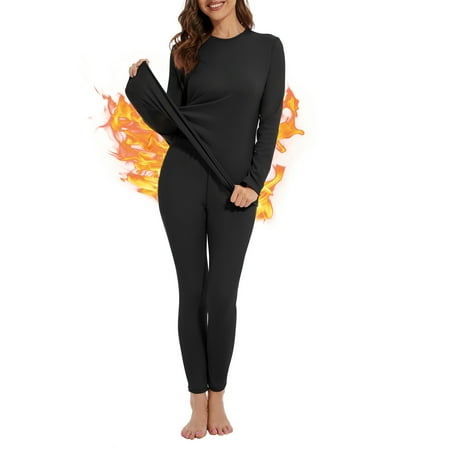 Zando Black Thick Thermal Underwear Sets for Women Two Piece Long Johns Set Fleece Lined Winter Sports Base Layer Ultra Soft Top Bottom Black M