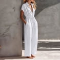 thumbnail image 3 of Women's Resort Jumpsuit, Casual Loose Wide Leg With Zip-Up Front & Stand Collar, Short Sleeve Vacation One-Piece With Belt White XL, 3 of 6