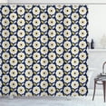 thumbnail image 1 of Floral Shower Curtain, Scandinavian Style Eight-Petal Flower Vertical Alignment, Fabric Bathroom Set with Hooks, 69W X 70L Inches, Night Blue Off White and Earth Yellow, by Ambesonne, 1 of 3