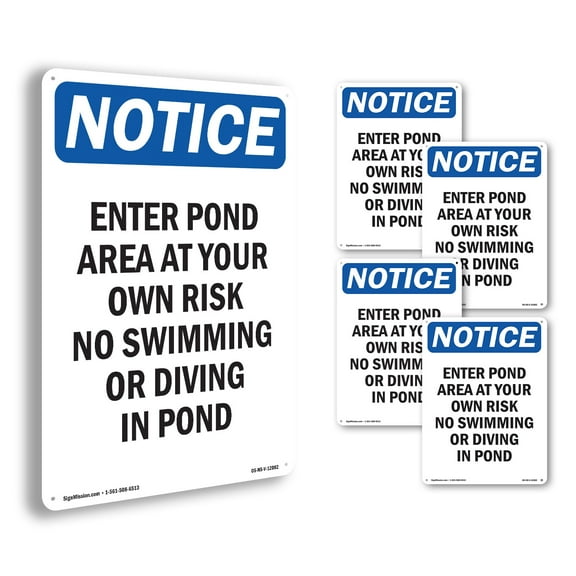 Enter Pond Area At Your Own Risk OSHA Notice Rigid Plastic Sign 24 Inch x 18 Inch - 5 Pack