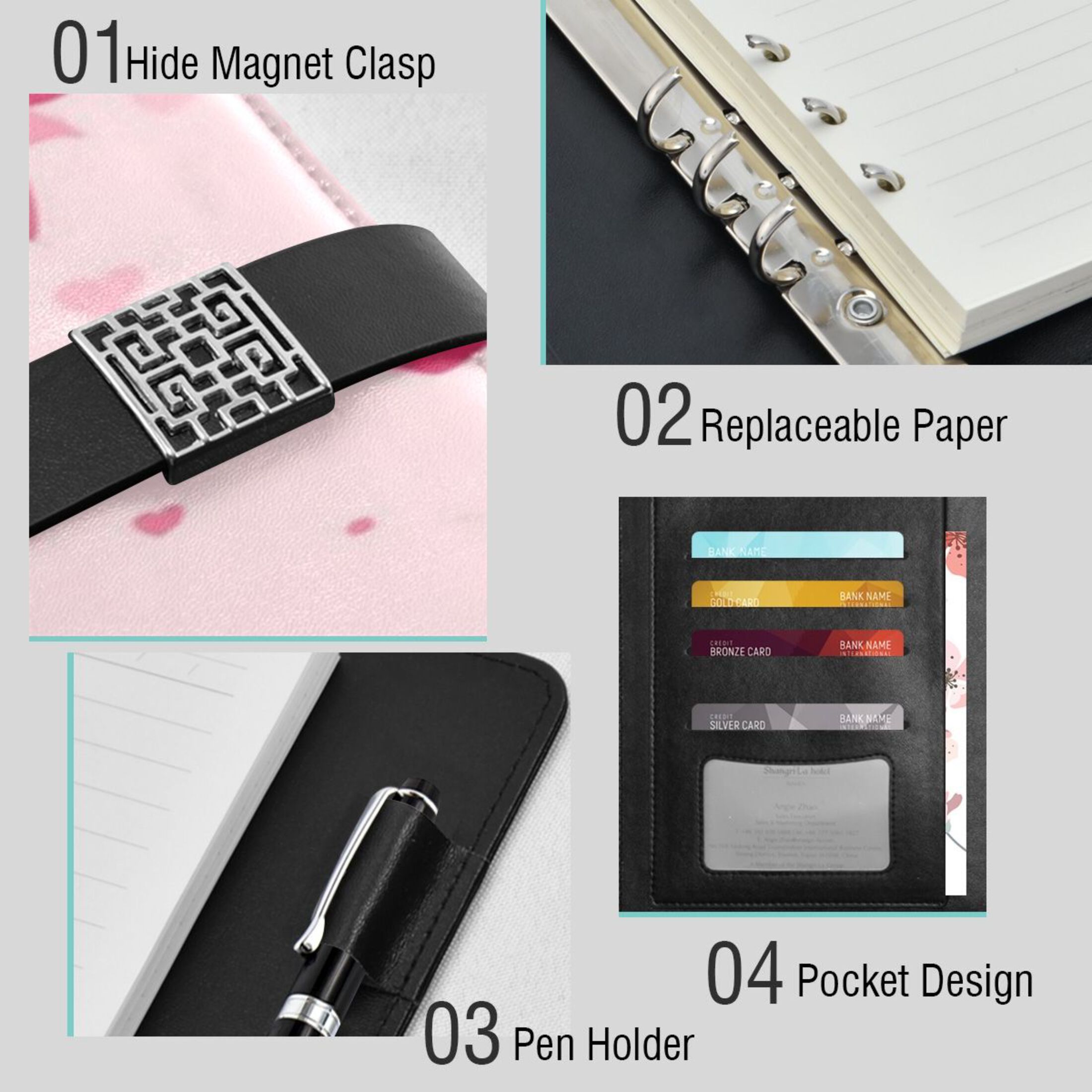 9.2x6.7 inch Leather Notebook 100 Sheets, Multi-Pocket Design & Pen Loop Bows and Hearts Pattern Refillable Journal Organizer