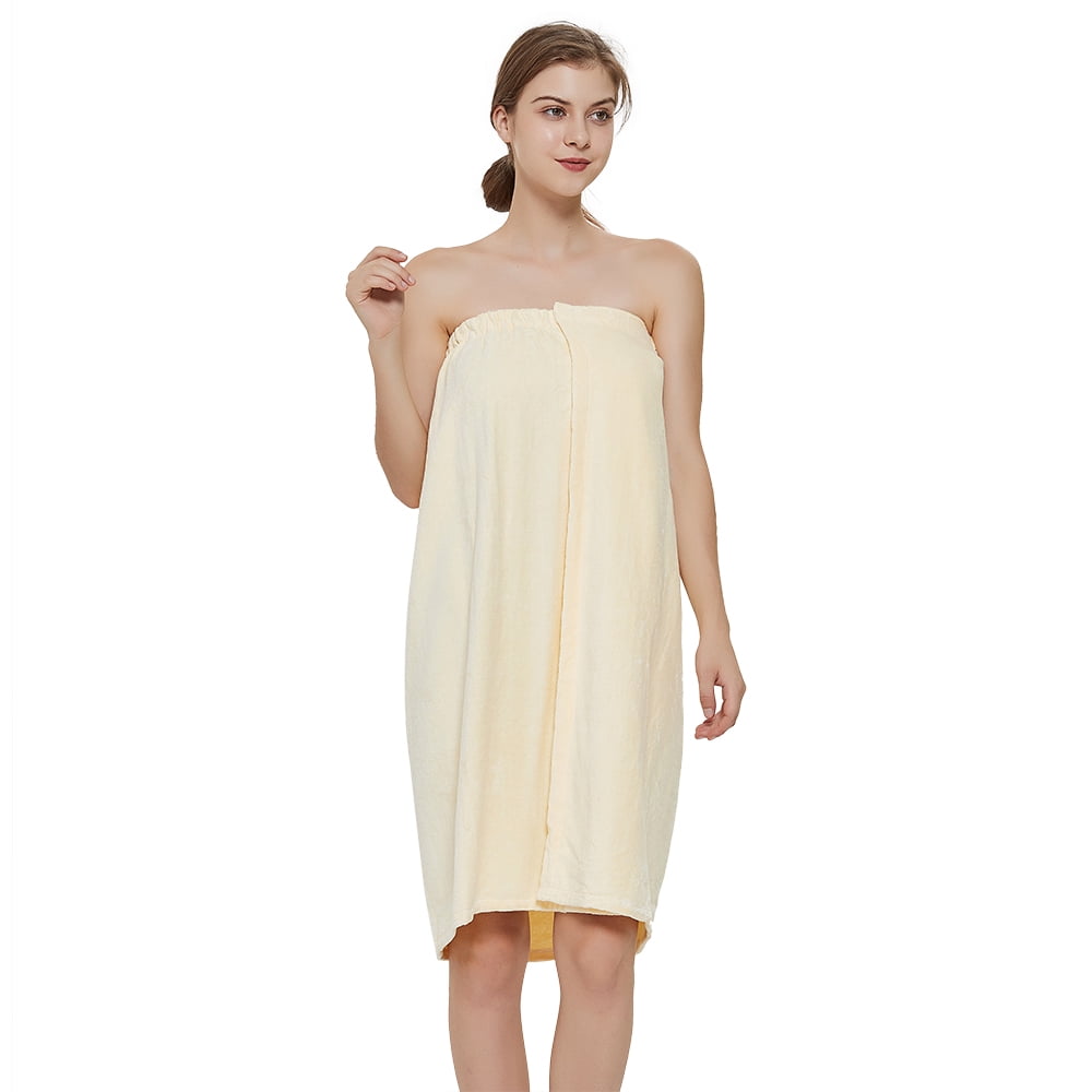 Toptie Women's Cotton Terry Spa Shower Bath Towel Wrap-Light Yellow-S/M