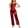 thumbnail image 2 of Voncos Silk Pajamas for Women Sexy Backless Mesh Camisole 2 Piece Sets Spaghetti Straps Tops and Pants Sleepwear Outfit- Wine, 2 of 7