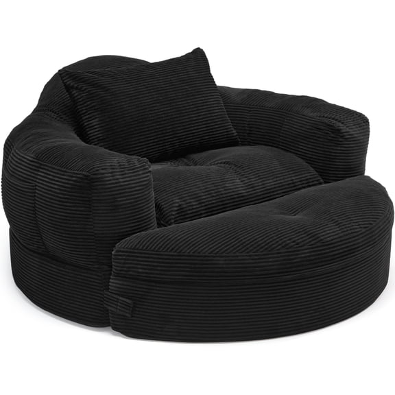 Delmango Round Chaise Lounge Chair with Ottoman, Corduroy Boneless Sofa for Living Room & Bedroom Black