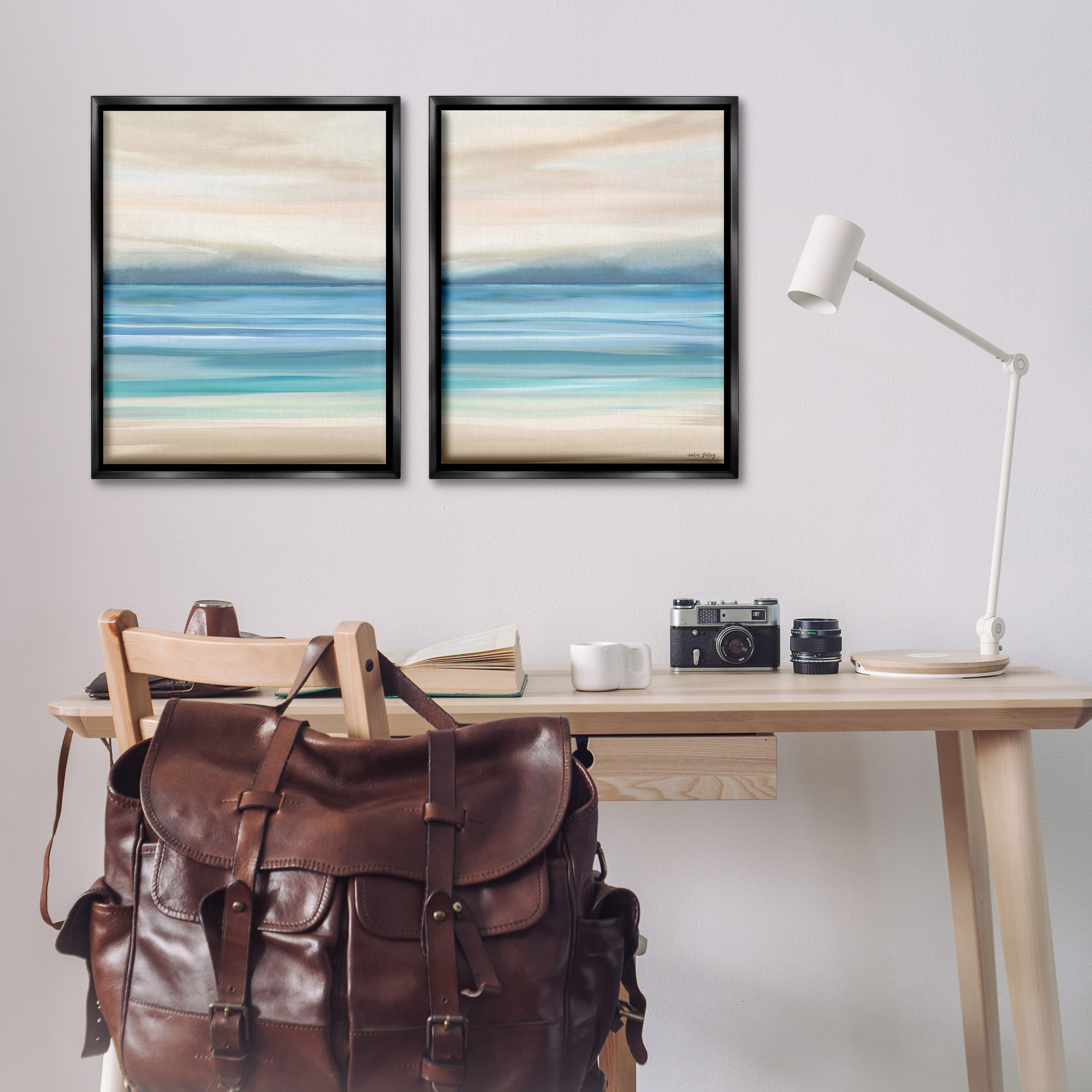 Stupell Industries Subtle Beach Seascape Landscape Painting Black Floater Framed Canvas Art Print Wall Art, 25 x 31, Set of 2