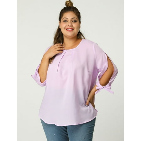 pleated chiffon 3x blouse split tie sleeve self purple plus