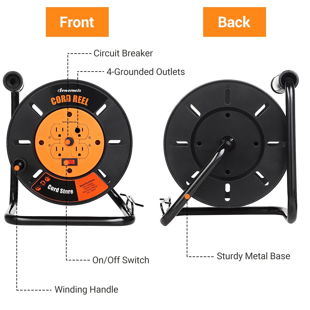 DEWENWILS Heavy Duty Cord Reel, 125V/1250W Portable Power with 4 x 5-15R Outlets, 10A Circuit Breaker, Illuminated ON/OFF Switch, Rotary Handle & Powder-Coated Iron Stand