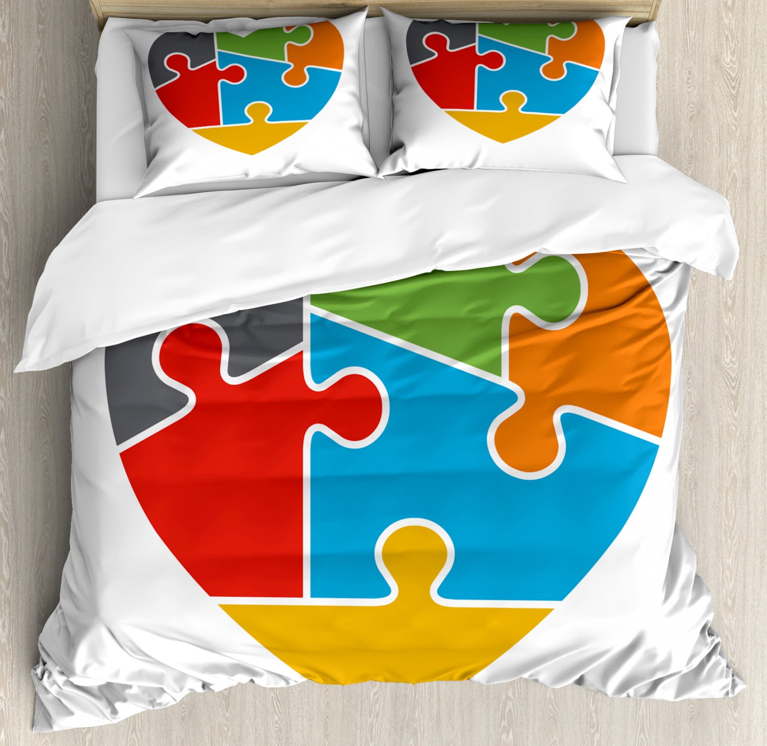 Puzzle Print Duvet Cover Set Queen Size, Colorful Design Simple Jigsaw