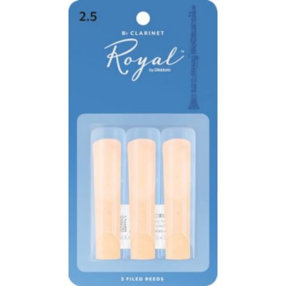Rico Royal Bb Clarinet Woodwind Reeds Traditional Cut with Stronger Spine, Strength 2.5, 0.59 oz, 3-Pack