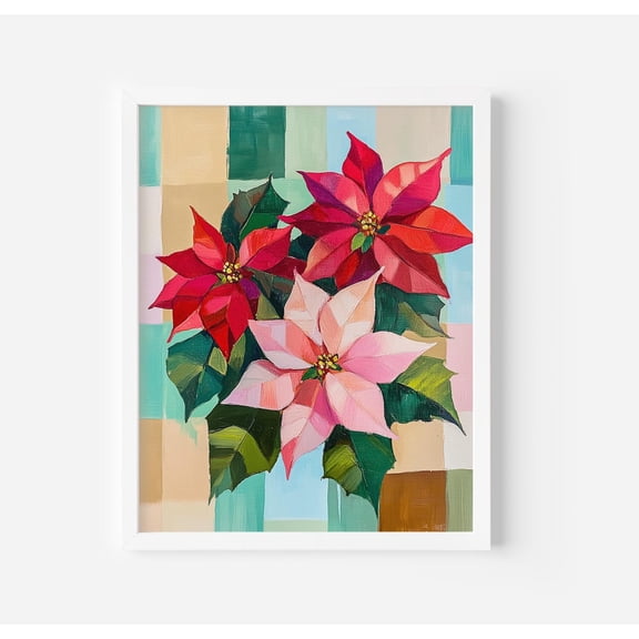 Poinsettia Flowers :Floral Art (Print), Red & Green Flowers Poster, Unframed Poster Size 8x12 F03.1.19l817