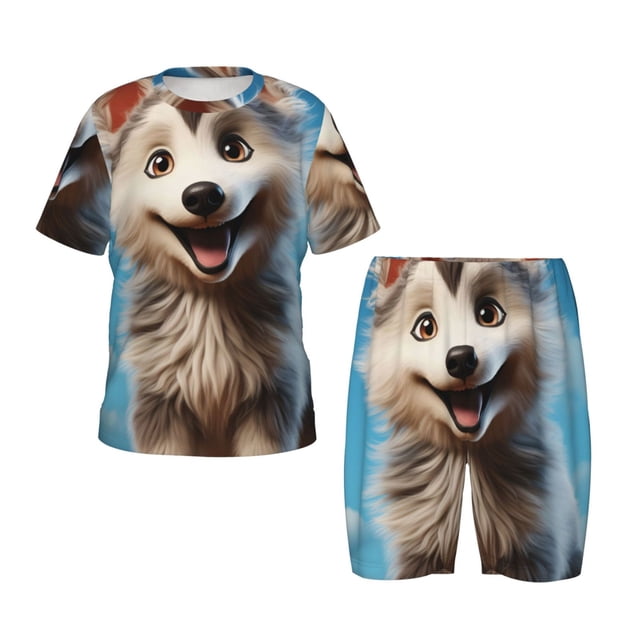 Balery Blue Sky Cute Wolf Conjunto de Pijama Infantil de Manga Corta con Estampado – Ropa de Dormir de Algodón Suave-3X-Large