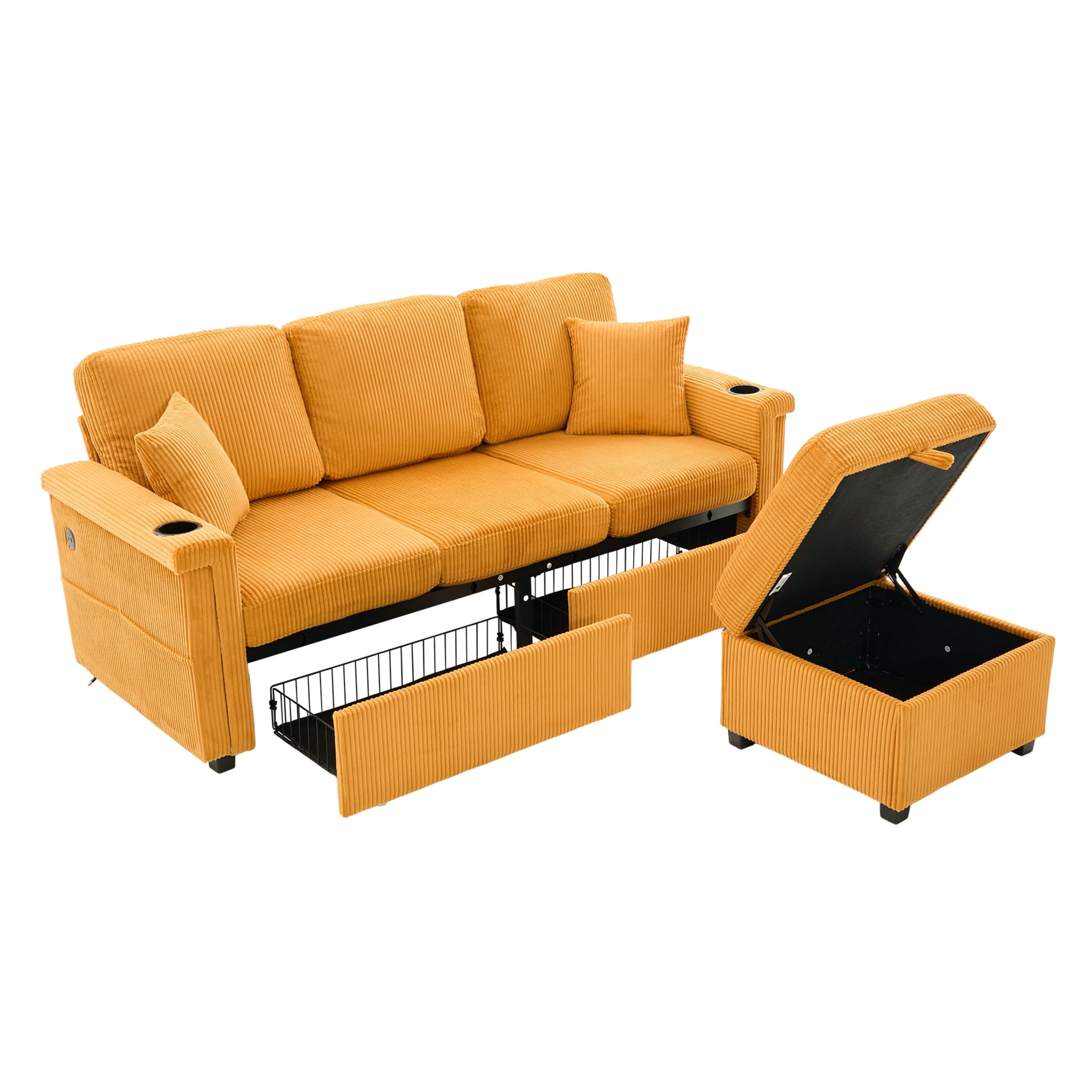 Noble House Elena 4-Seater L-Shaped Corduroy Sectional Sofa with Pull-Out Storage, Ottoman for Living Room, Mustard Yellow