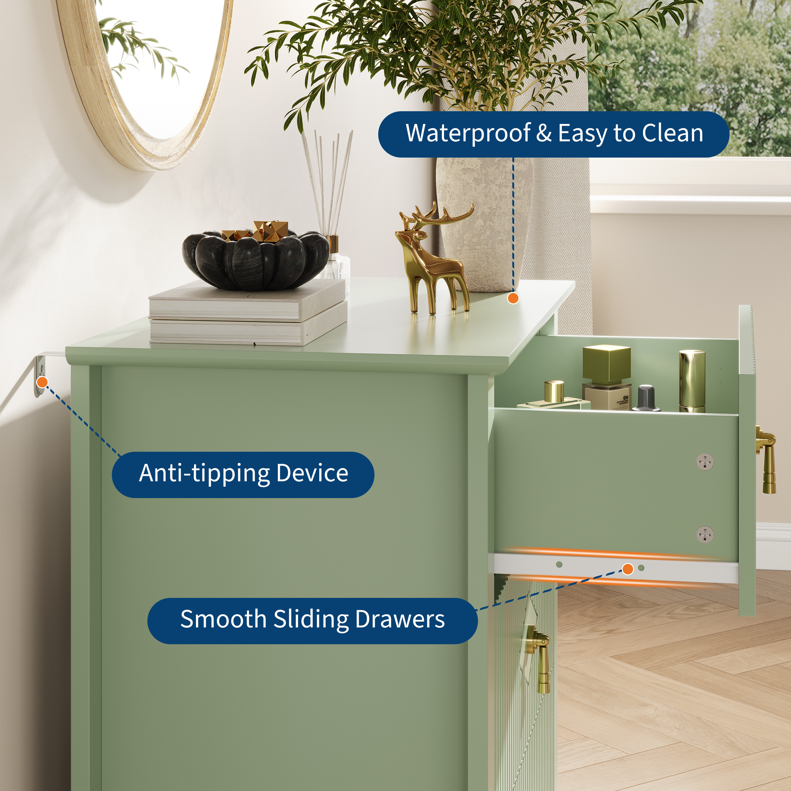 Green Fluted Dresser for Bedroom, 32 Inch Wide Nightstand with Large Drawer, 3 Drawer End Table for Bedroom, Living Rooms, Offices, and Entryways
