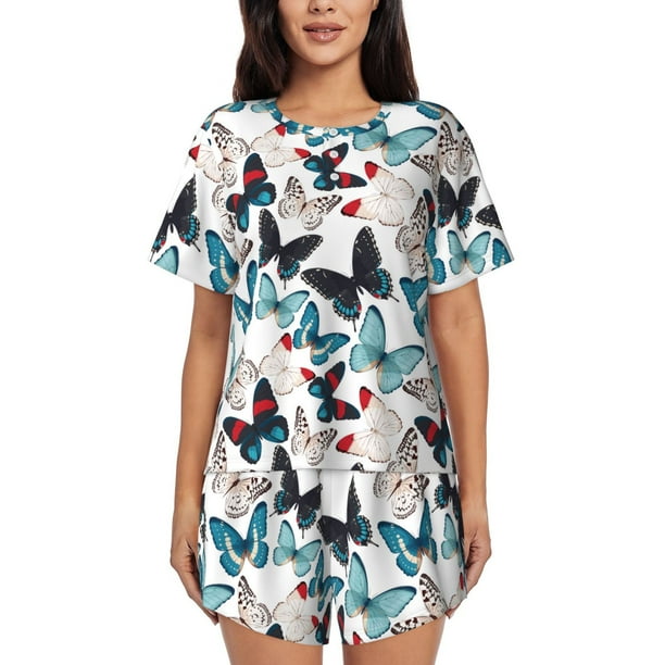 Balery Butterfly Conjunto de Pijama para Mujer con Estampado, Dos Piezas de Manga Corta y Shorts, Ropa de Dormir Suave con Cuello Redondo y Bolsillos-Small