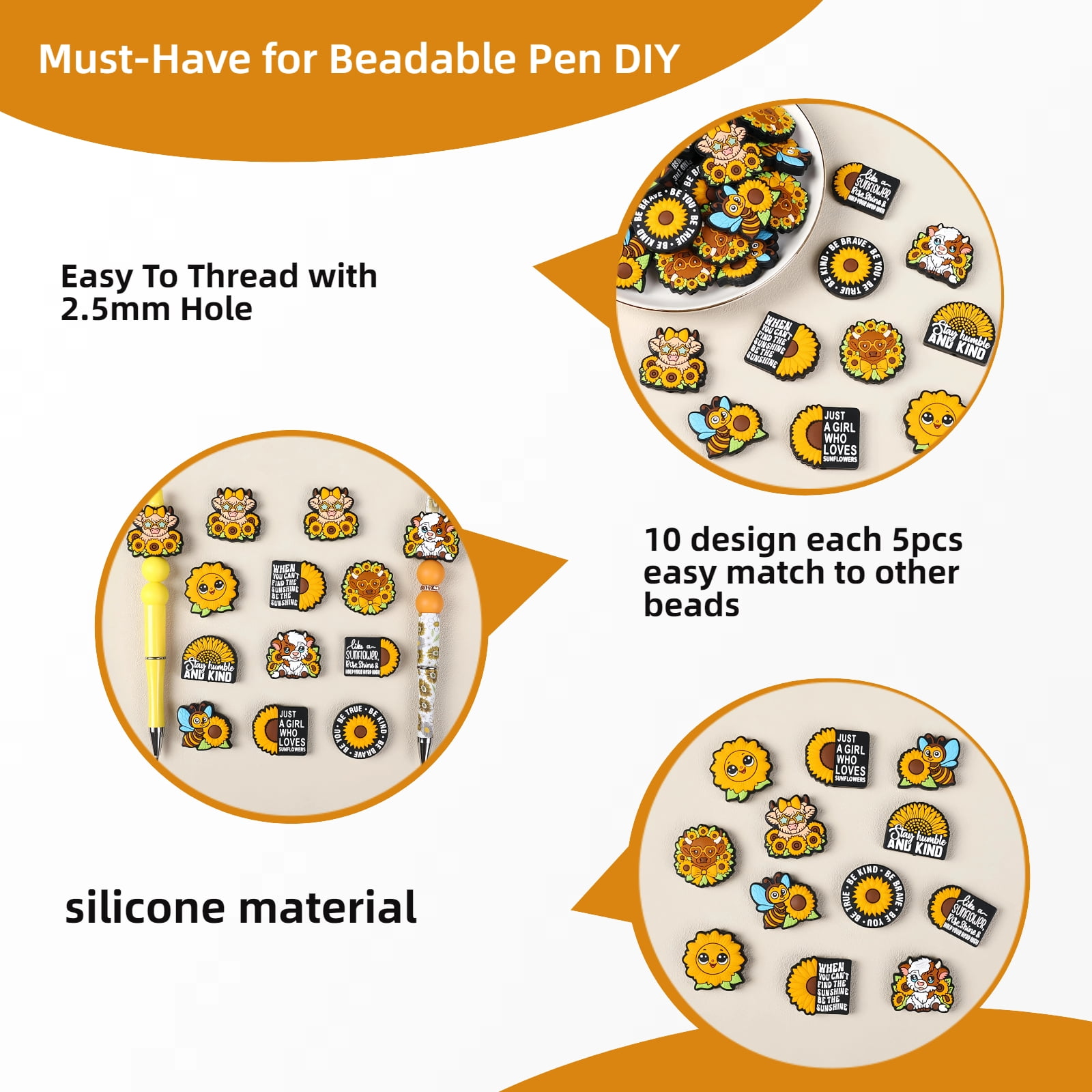 50PCS Sunflower Silicone Focal Beads for Keychain Making, DIY Bracelets, Pen Decor - Cute Floral Beads Jewelry Craft Supplies,Handmade Necklace Multi-Use Projects