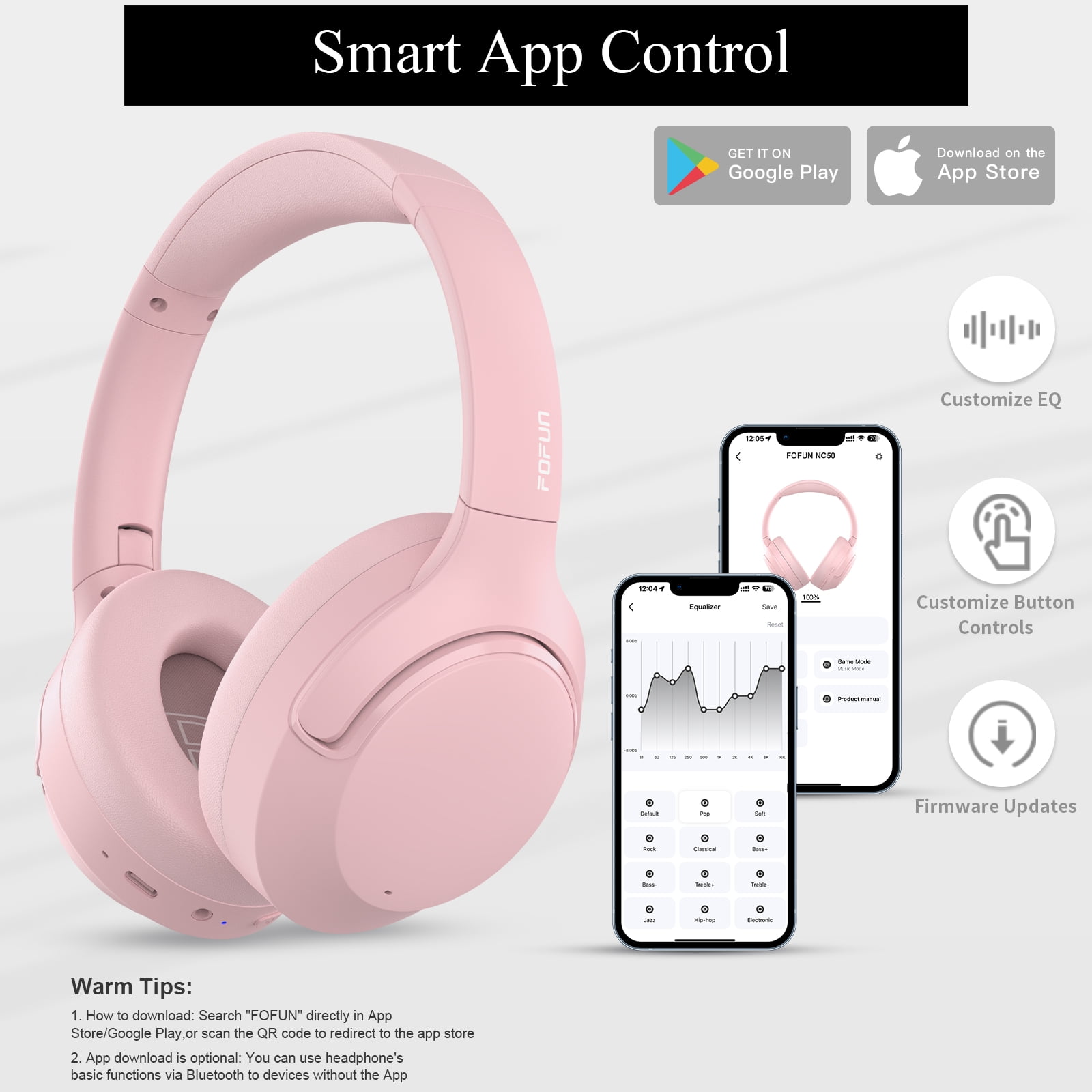 FOFUN NC50 Hybrid Active Noise Cancelling Headphones Wireless Bluetooth 6.0 with Plush Cat Ears, Foldable Over Ear Headphones, Custom EQ via App, 65 Hours Playtime, Low Latency Game Mode
