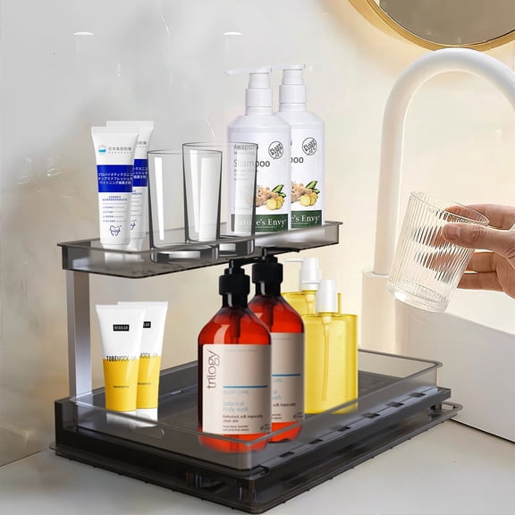 KOCASO Under Sink Organizer, 2 Tier Pull Out Under Sink Organizer and Storage L-Shaped Slide Out Shelves