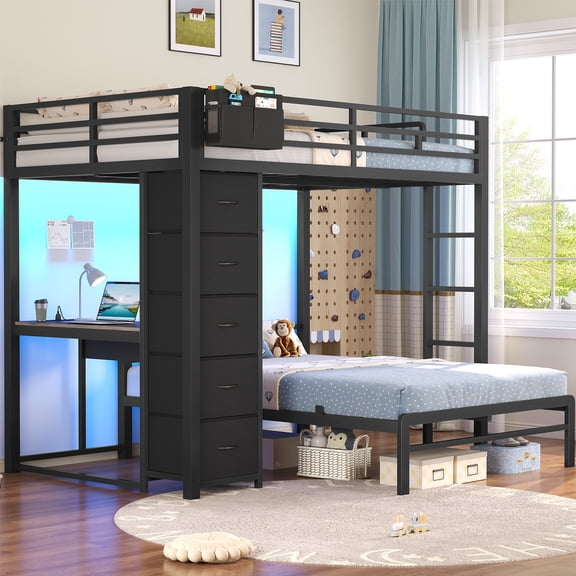 Plonmago Full Over Full Bunk Beds with Desk and 5 Storage Drawers & Charging Station,Bunk Bed Full Size with LED Lights & Guardrail,Black