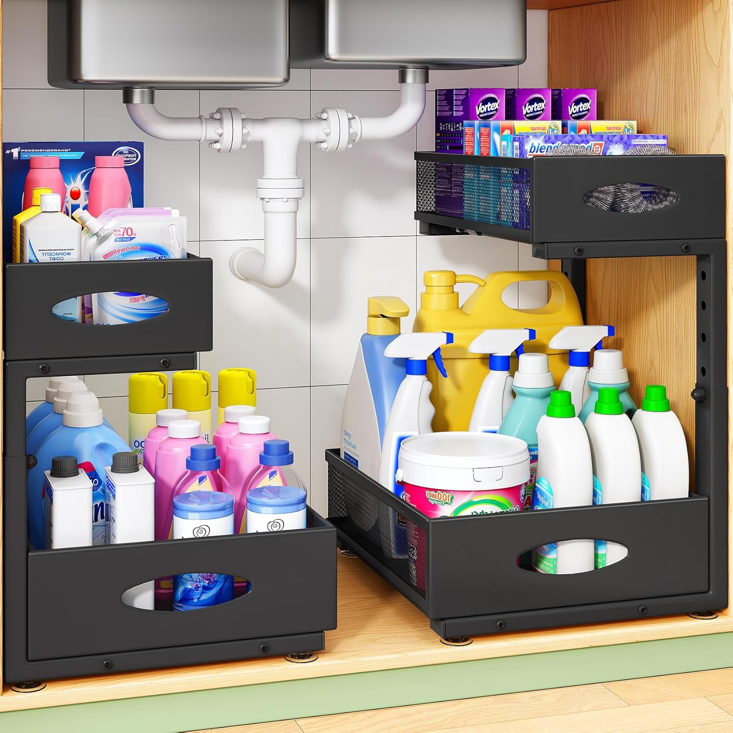 Under Sink 2-Pack Pull Out Cabinet Organizer 2 Tier Metal Slide Out Storage Shelf Rack L-Shaped Adjustable Height Mesh Sliding Drawer for Kitchen Bathroom Laundry Pantry Black XL