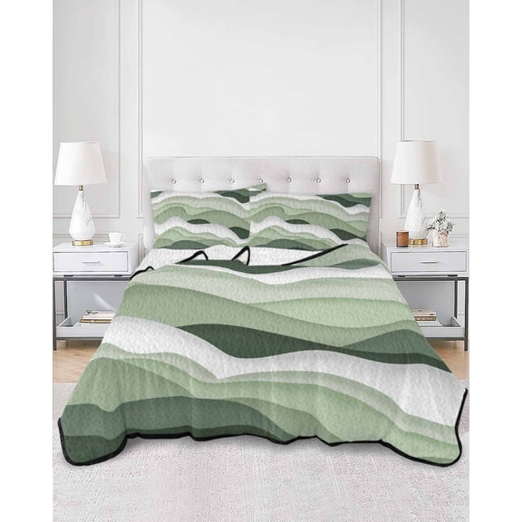 Quilts Queen Size, Sage Green Ombre Soft Comforter Bedding Set for Bed, Modern Moire Geometric Abstract Lightweight Quilted Bedspread with Pillow Cover(2 Pieces) for All Season, 90x96 Inch
