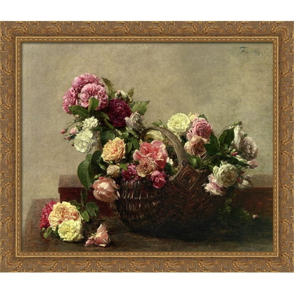 Basket of Roses 32x28 Large Gold Ornate Wood Framed Canvas Art by Henri Fantin-Latour