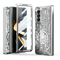 Dteck Case for Samsung Galaxy Z Fold 5 Case, Mechanical Gear Pattern Hinge Protection Clear Plating PC Cover with Built-in Front Screen Protector for Samsung Galaxy Z Fold5 5G,Silver