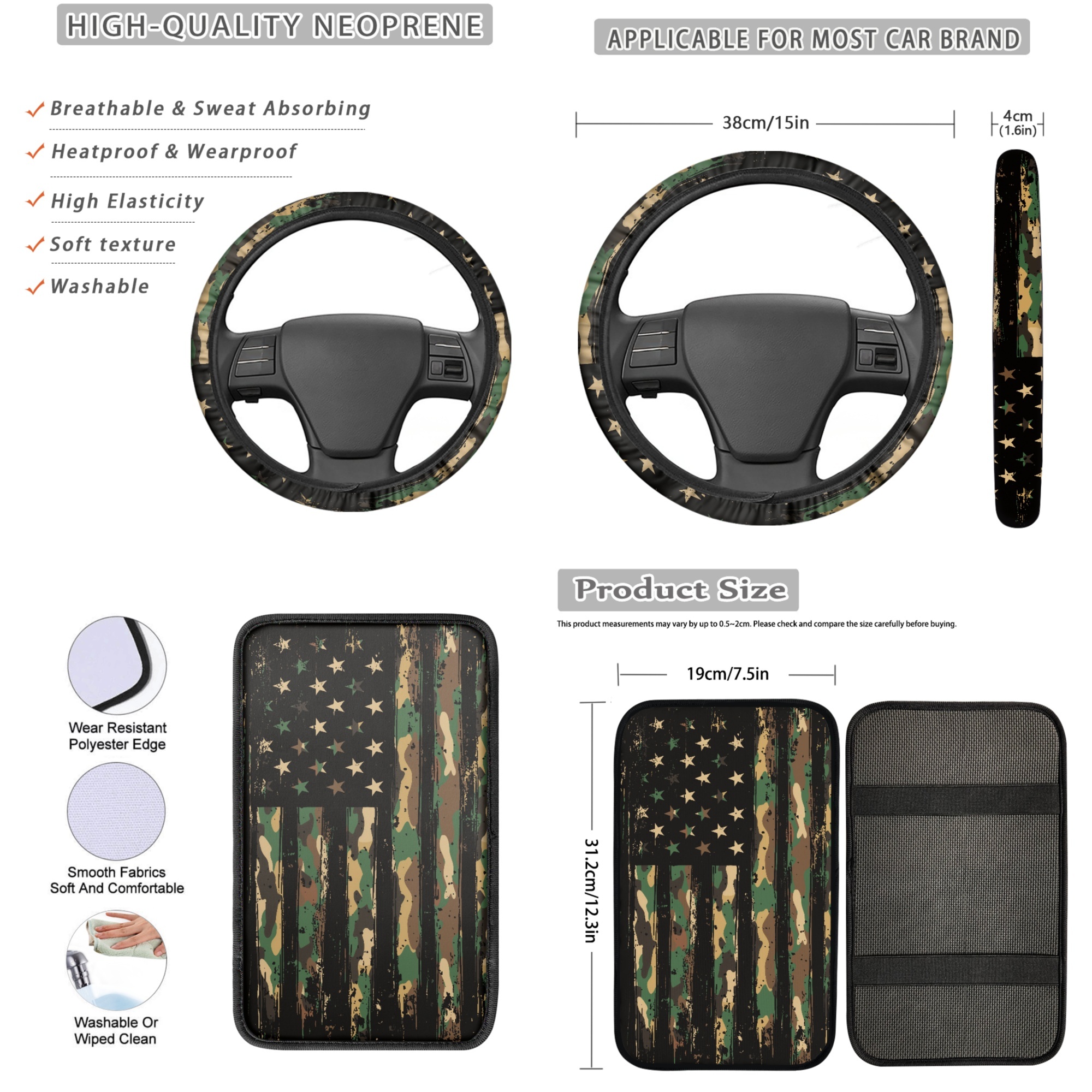 Jeiento American Military Flag Car Seat Covers Front Rear Split Bench Full Set Steering Wheel Seat Belt Pads Armrest Pad Coasters Keychain, 13 PCS Auto Interior Accessory for Most Cars SUV Sedan
