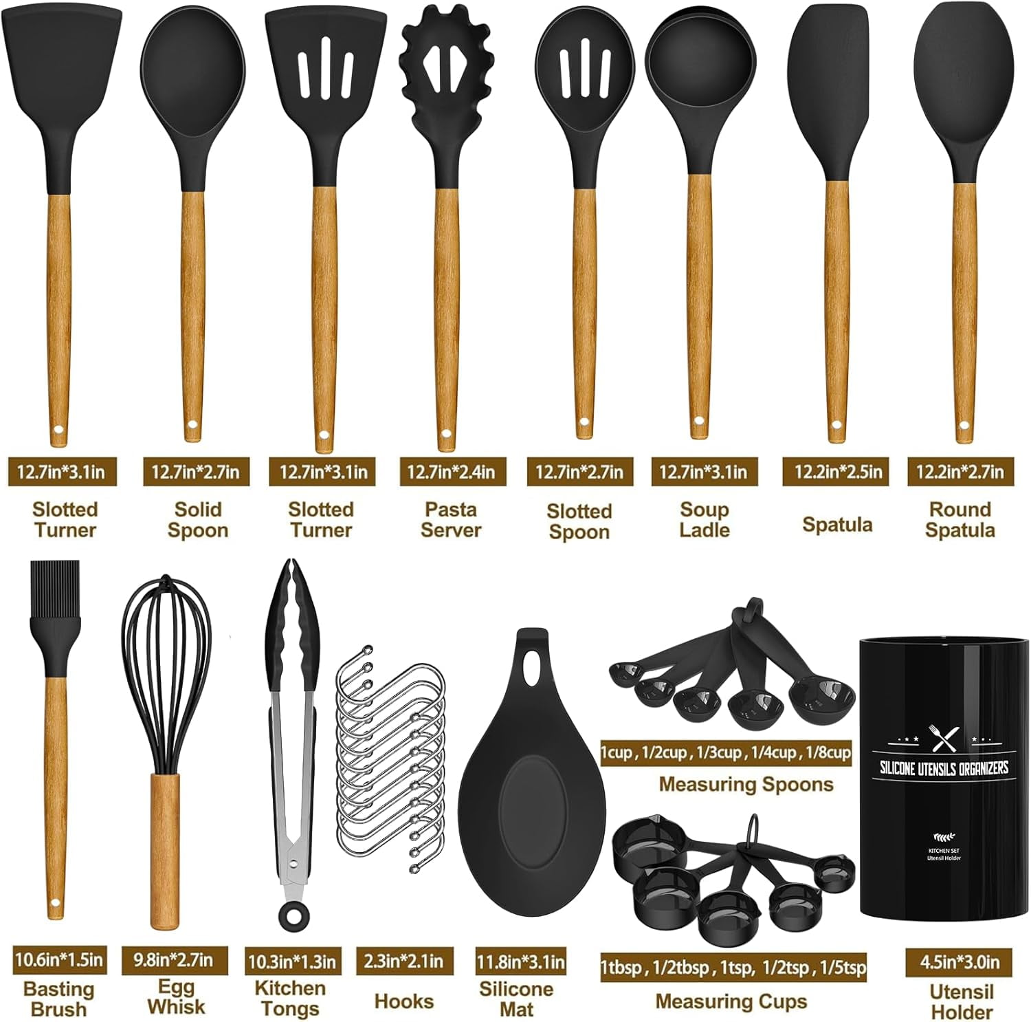 Kitchen Cooking Utensils Set, 33 pcs Non-stick Silicone Cooking Kitchen Utensils Spatula Set with Holder, Wooden Handle Silicone Kitchen Gadgets Utensil Set (Black)
