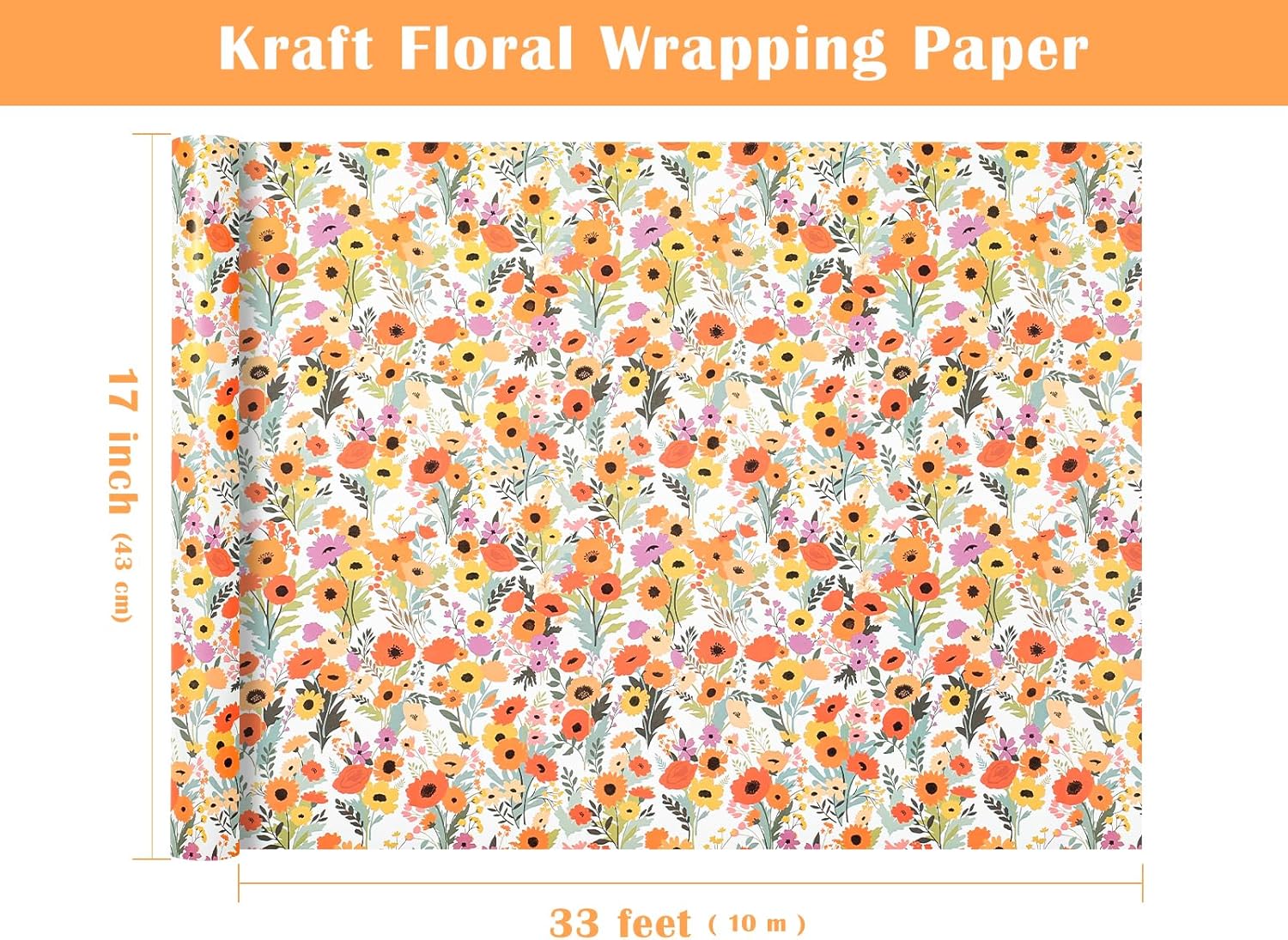 AllWays Plaza Kraft Floral Wrapping Paper Roll - Mini Roll - 17 Inch x 33 Feet - Bright Summer Flower Wrapping Paper, Perfect for Wedding, Birthday, Bridal Shower, Tea Party