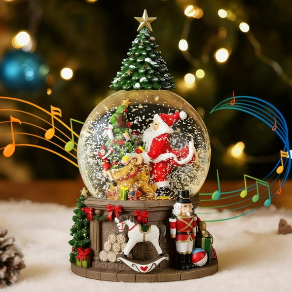 Christmas Snow Globe with Music and Light, Train Base and Santa Claus Electric Snow Globe with Swirling Snowflake & 8 Songs, Battery & USB Powered Water Globe, Home Xmas Decoration Gift