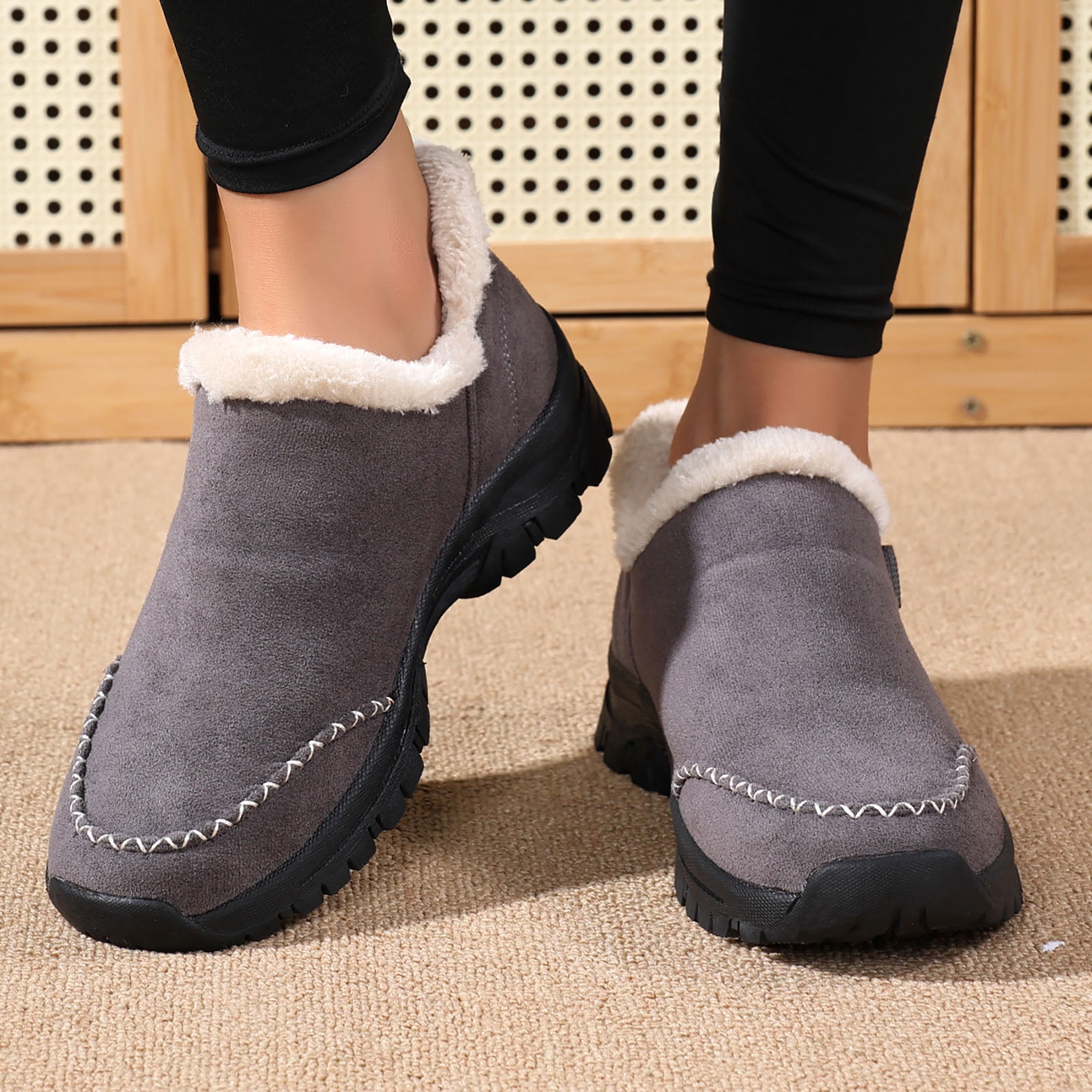 Dakaela Womens Winter Snow Boots Fleece Lined Hiking Slip on Loafers Sneakers Outdoor Plush Short Booties Shoes Grey 9