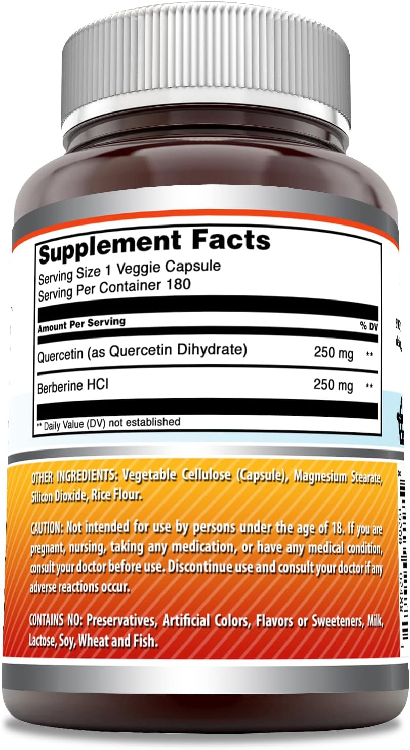 Amazing Formulas Quercetin Berberine 500mg Per Serving 180 Veggie Capsules Supplement | 250mg Quercetin & 250mg Berberine | Non-GMO | Gluten Free | Ideal for Vegetarians