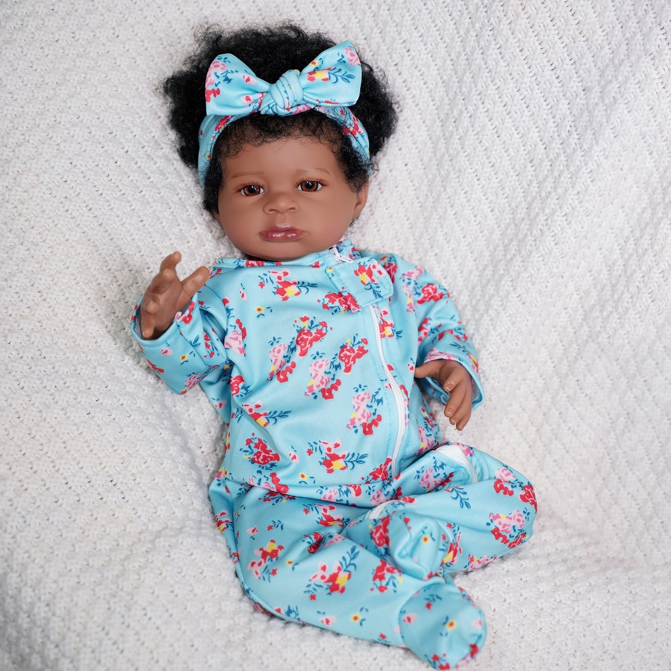 20 Inch Reborn Baby Doll Black Doll, Lifelike Baby Doll with Soft Cloth Body, Hand Rooted Curly Hair, Realistic African American Doll Toy for Kids Age 3+